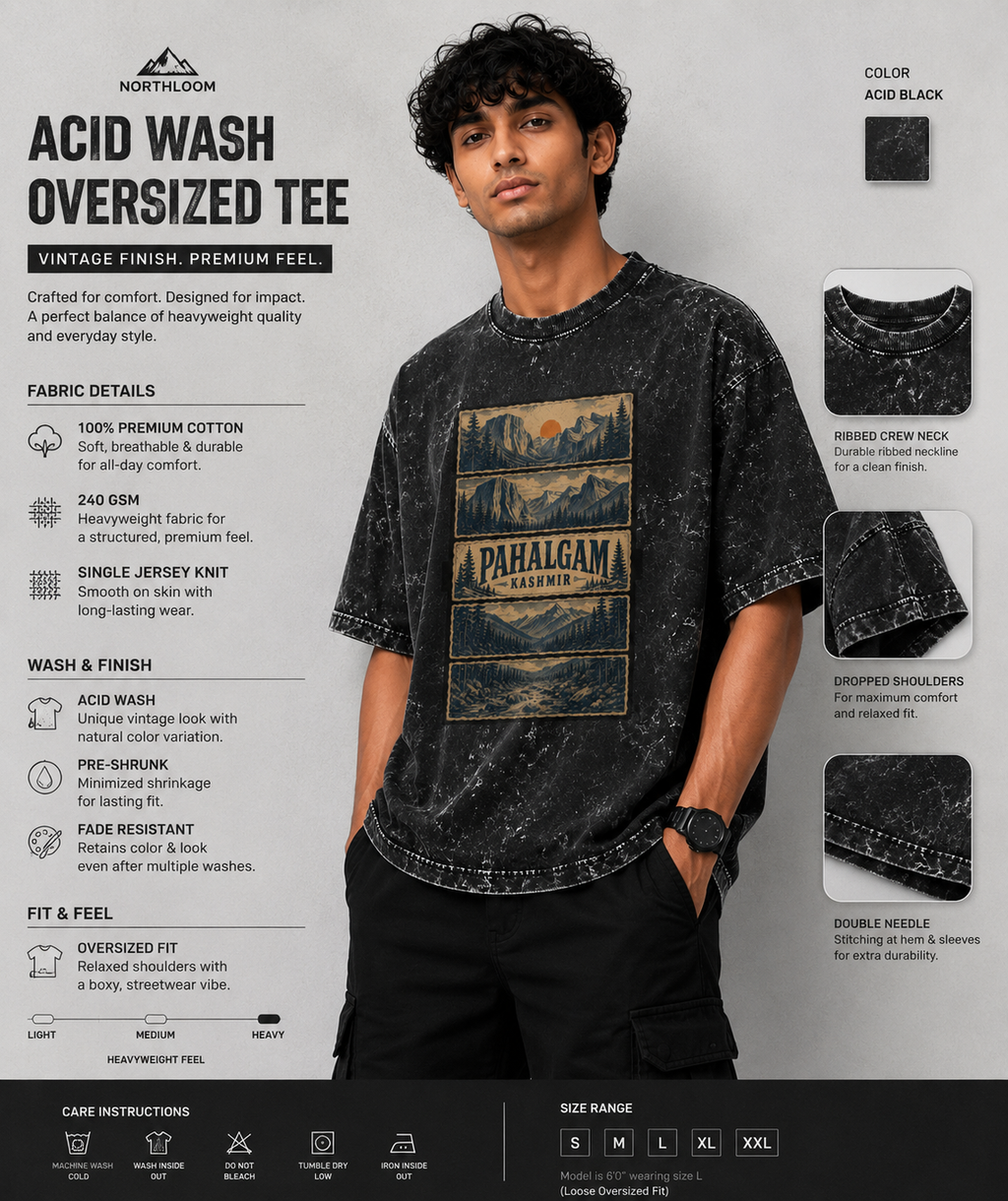 Pahalgam Vintage Acid Wash 240GSM Premium Unisex Oversized Classic T-Shirt